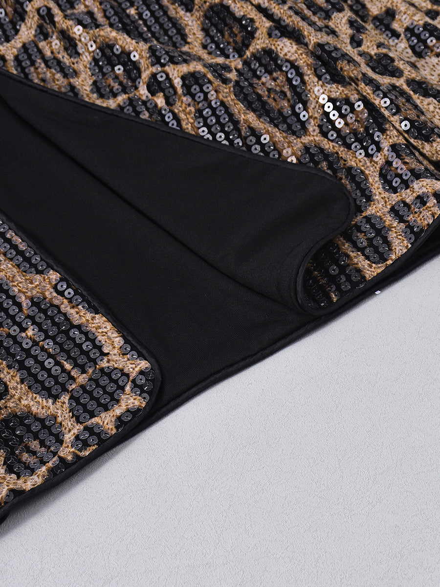 Elegant Leopard Print Sequin Cardigan Jacket