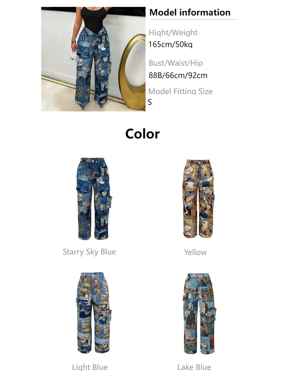 Vintage Jacquard High Waist Casual Cargo Pants