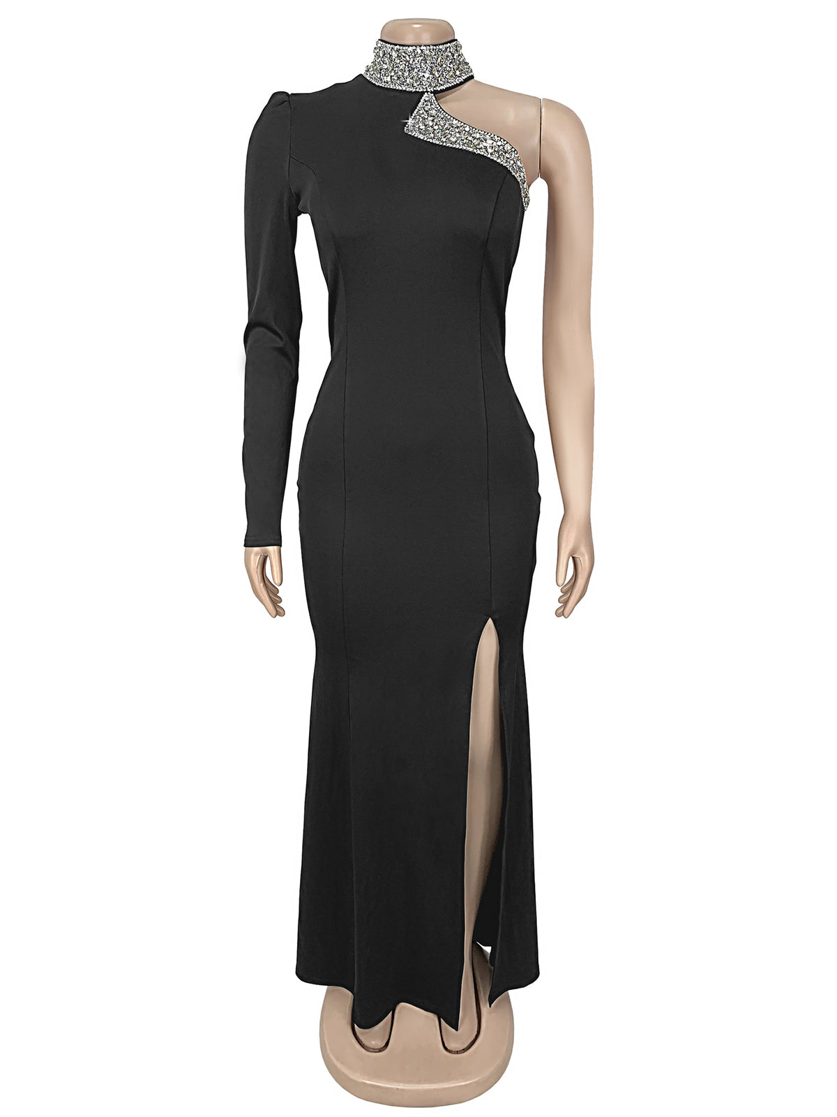 Elegant Off Shoulder Rhinestone Front Slit Dress
