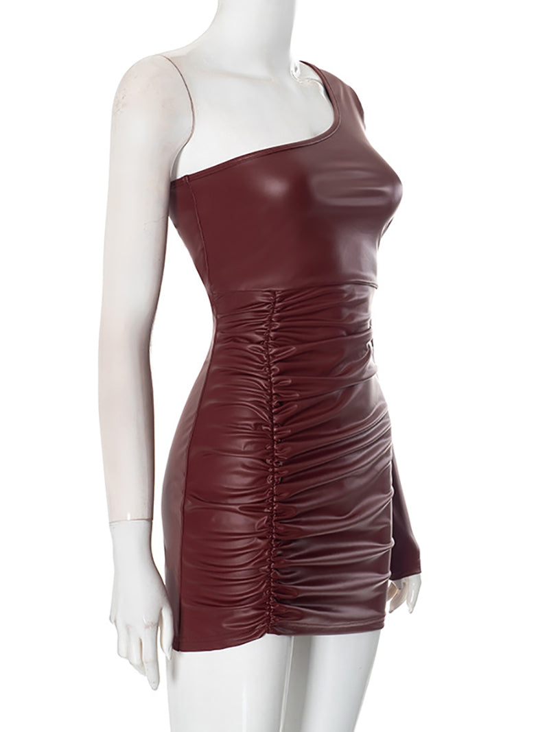 Sexy One-Shoulder Pu Leather Bodycon Dress