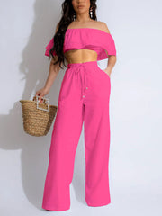 Sexy Off-Shoulder Crop Top And Elastic Waist Pants Set