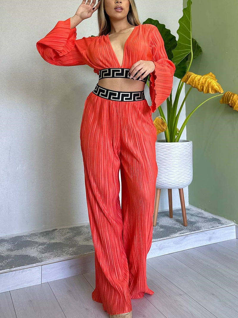 V-neck Flared Sleeve Top and Wide Leg Pants Set