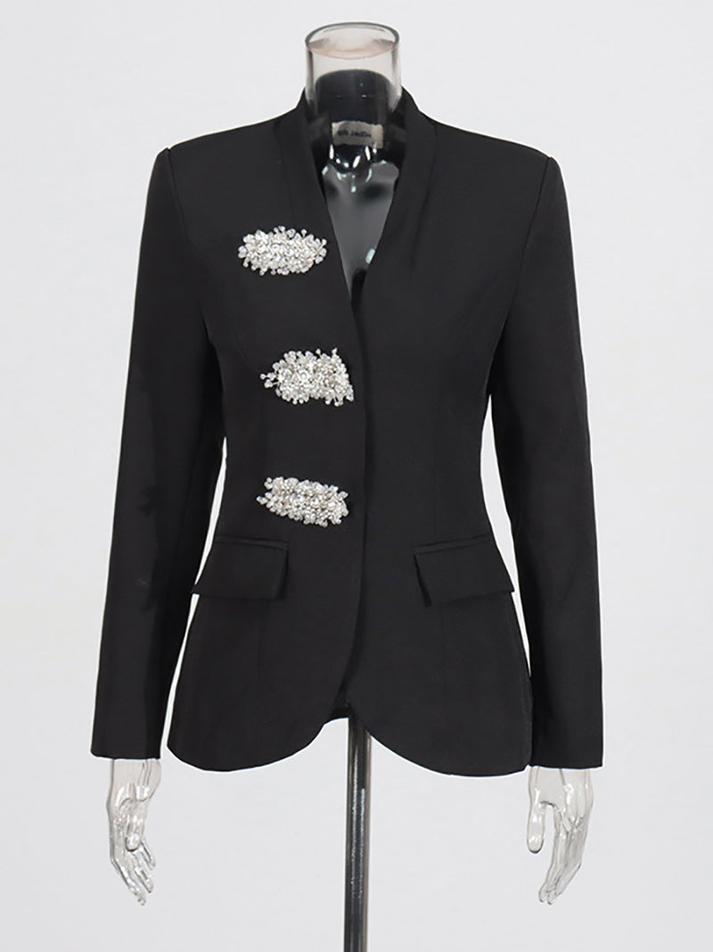 Fashion Flower Rhinestone Beaded Slim Blazer