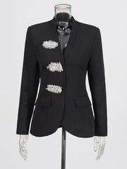 Fashion Flower Rhinestone Beaded Slim Blazer