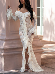Sexy Floral Lace See Through Ruffled Maxi Dress