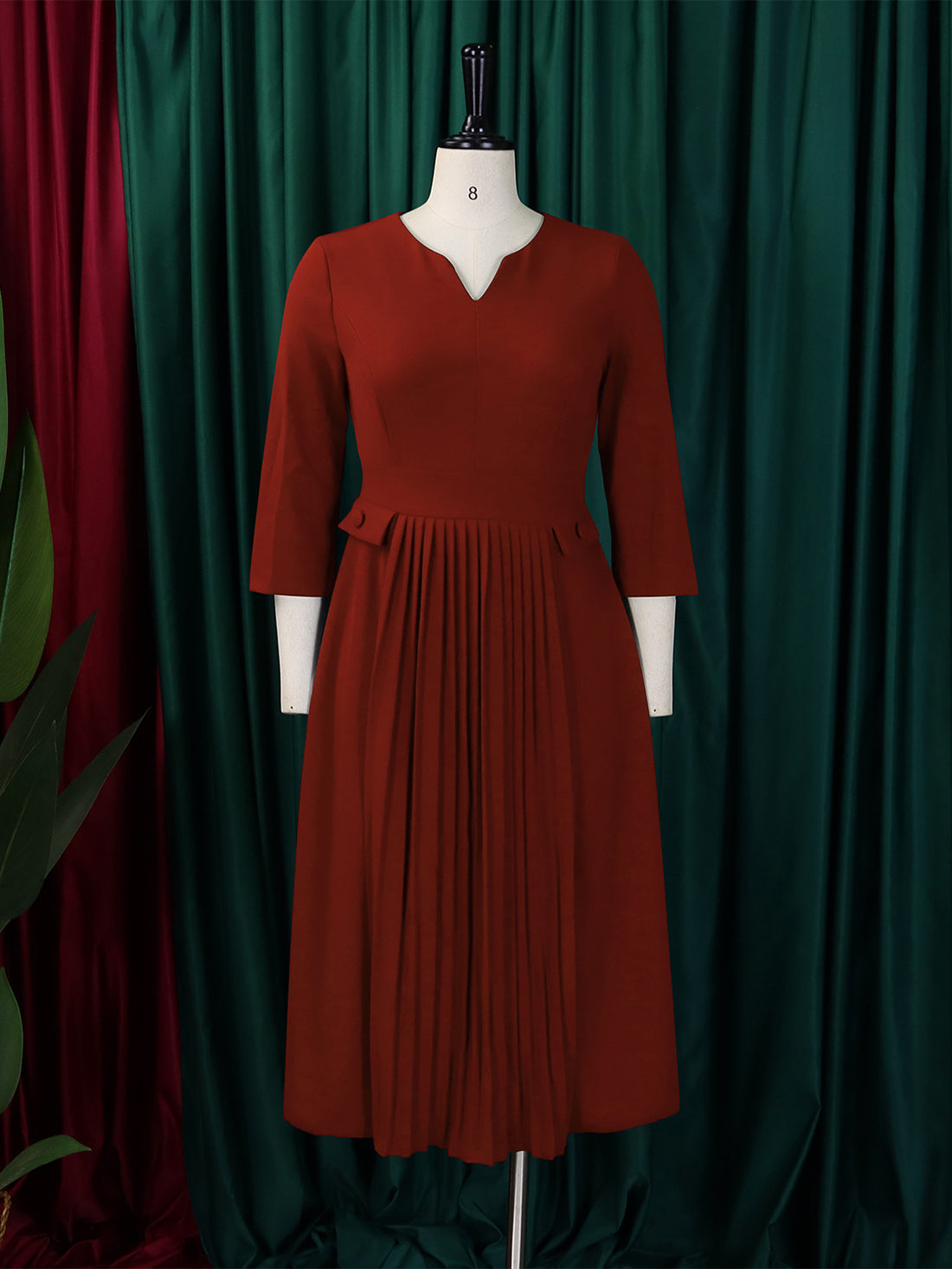 Business Casual Round Neck Slim Pleated Midi Dress