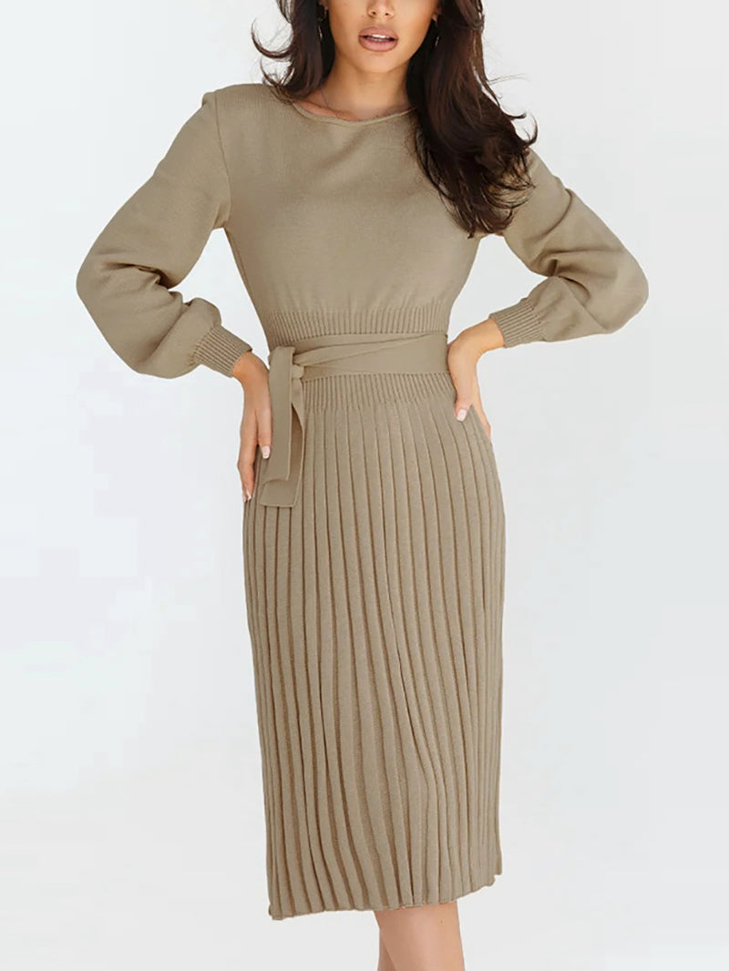 Fashion Round Neck Knit Pleated Sweater Dress