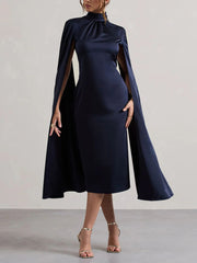 Cape Sleeves High-Neck Slim Midi Dress