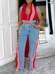Casual Sleeveless Striped Denim Patchwork Two Piece Set