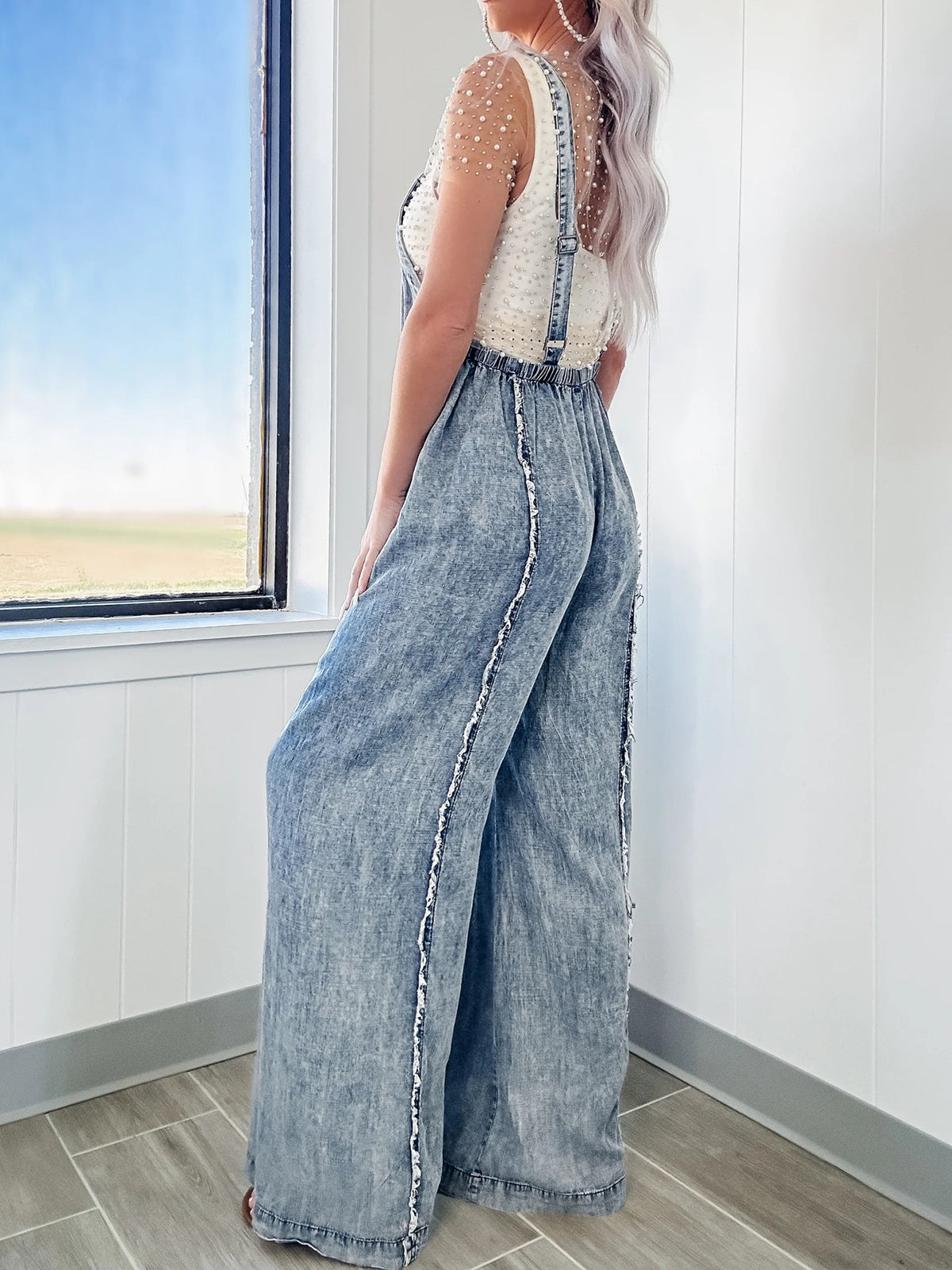 Vintage Washed Raw Edge Wide Legs Overalls Jumpsuit