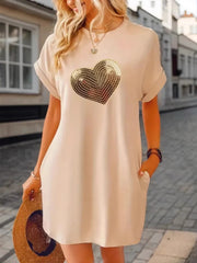 Heart Sequin Crew neck Casual Loose Dress