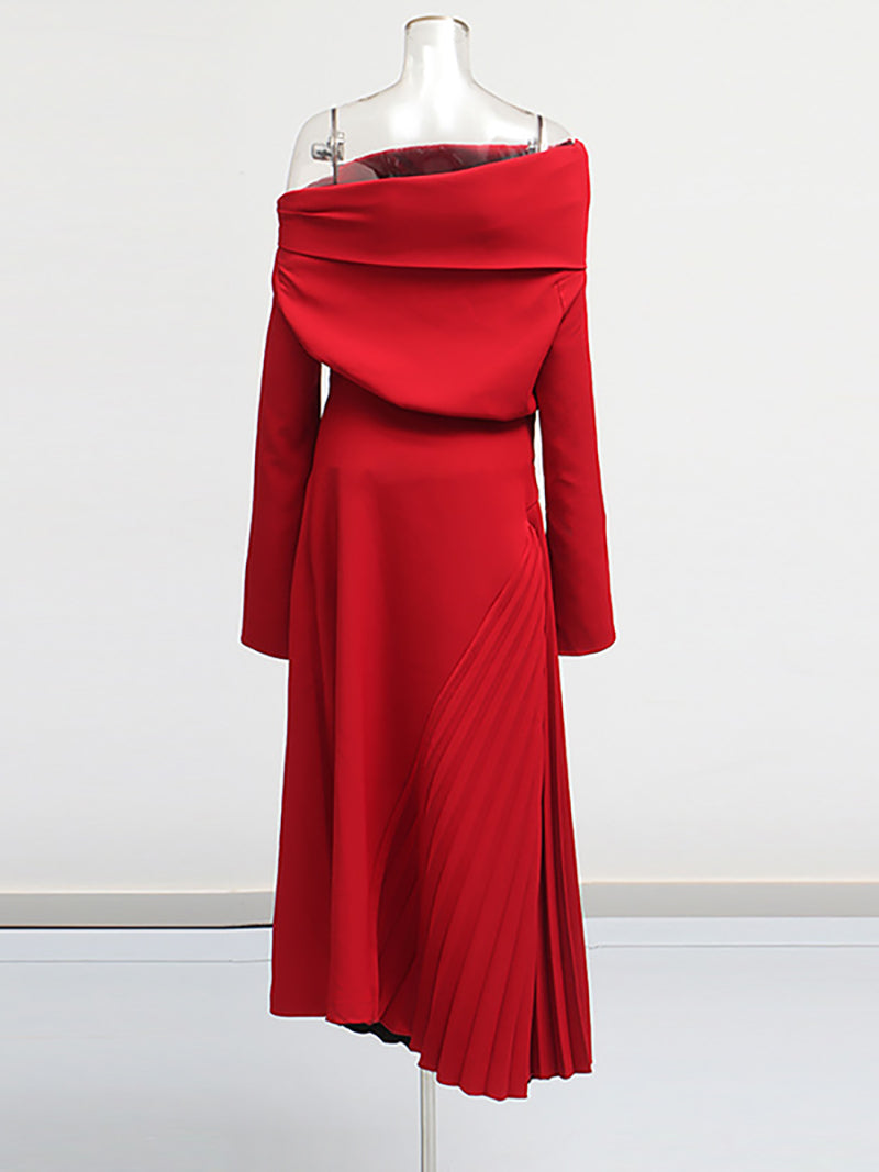 Boutique Oblique Shoulder High Slit Pleated Maxi Dress