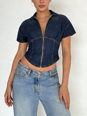 Short Sleeve Zip Front Cinched Waist Crop Top