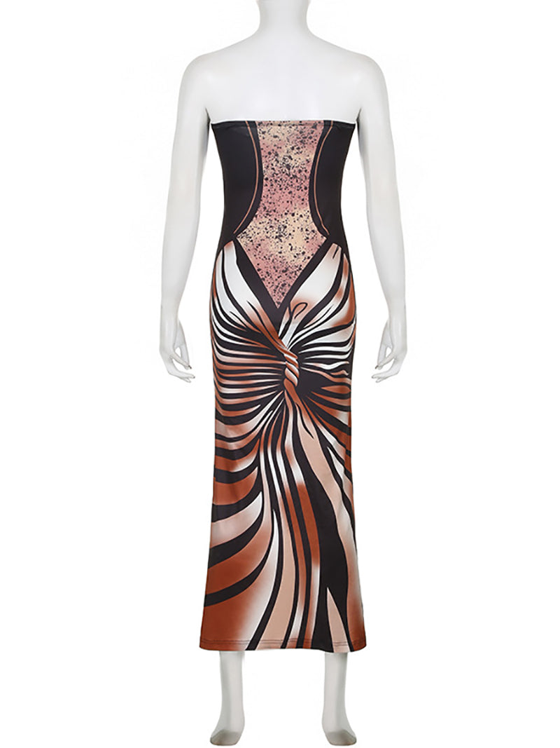 Sexy Strapless Print High Slit Dress