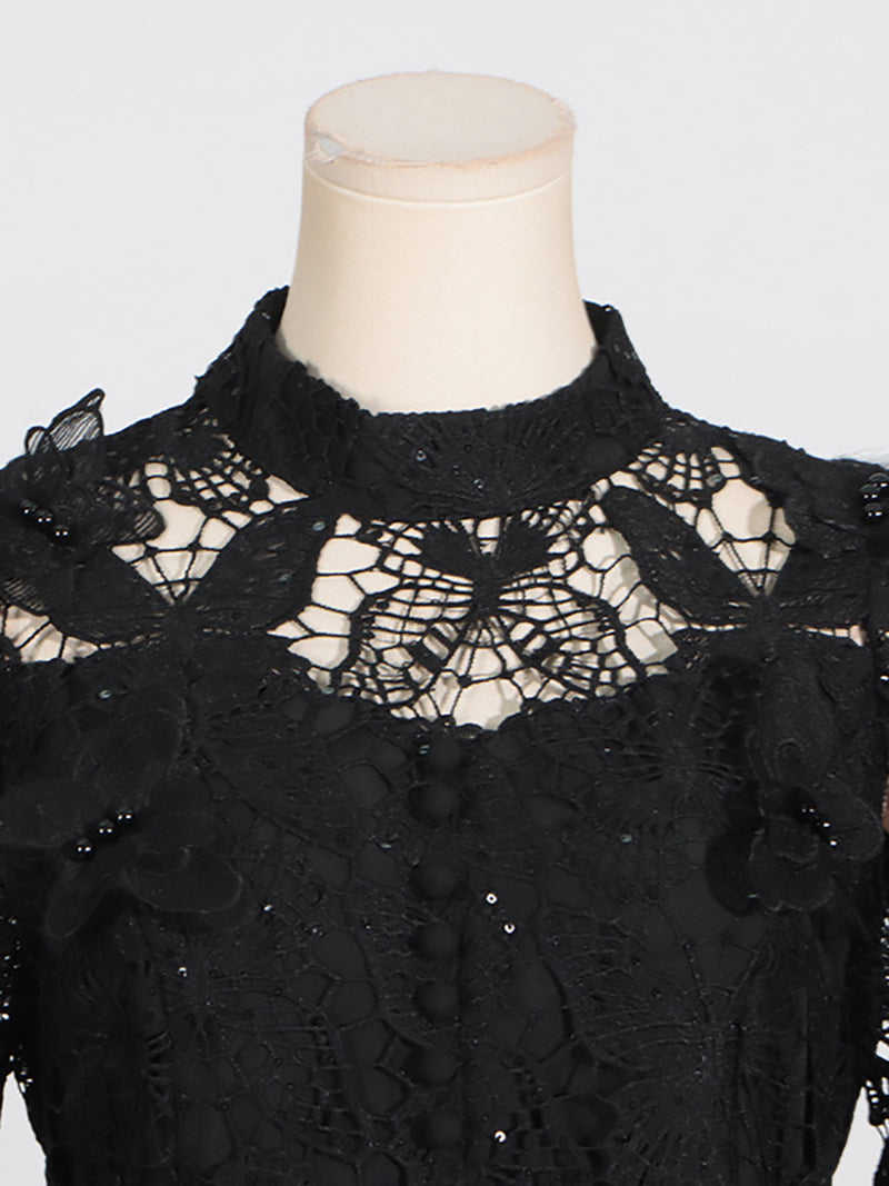 Elegant Embroider Hollow Tops Mesh Pleated Skirt Sets