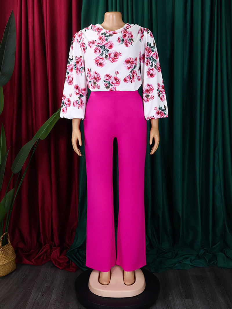 Elegant Rose Print Blouse And Wide Leg Pants Set