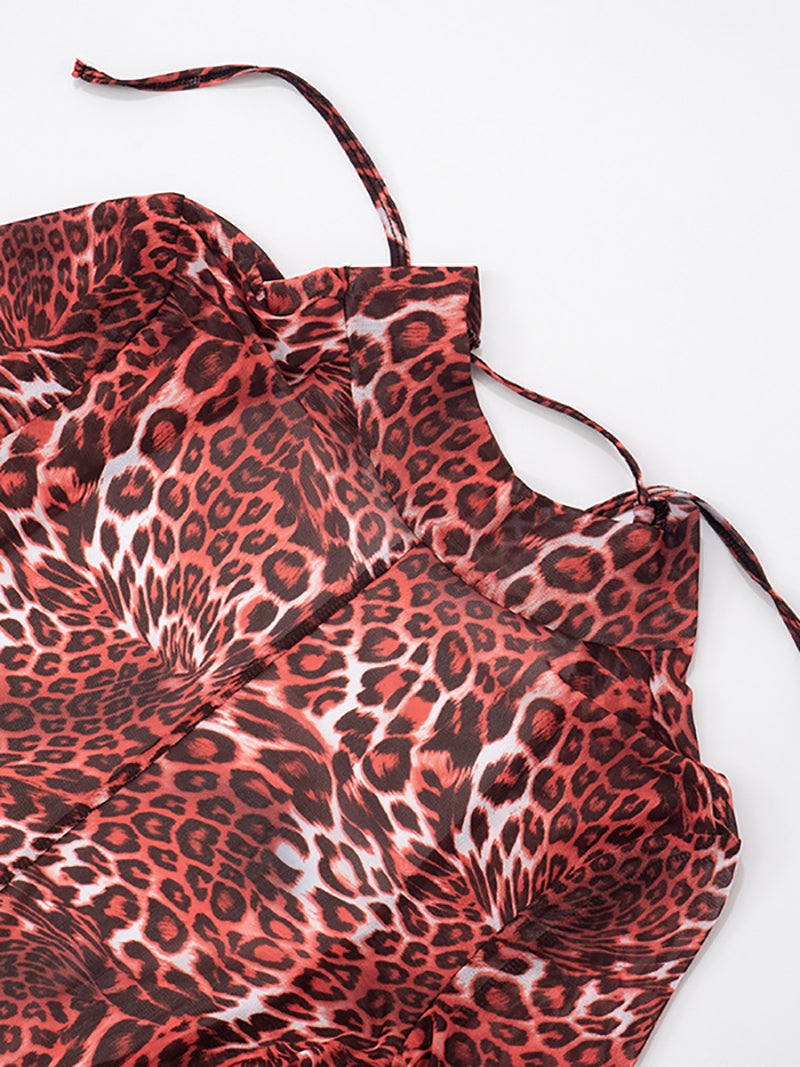 Sexy Leopard Print Mesh Backless Tight Jumpsuit