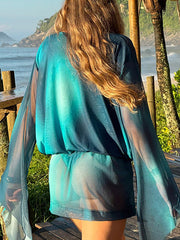 Fashion Cowl Neck Mesh Sheer Print Long Sleeve Mini Dress
