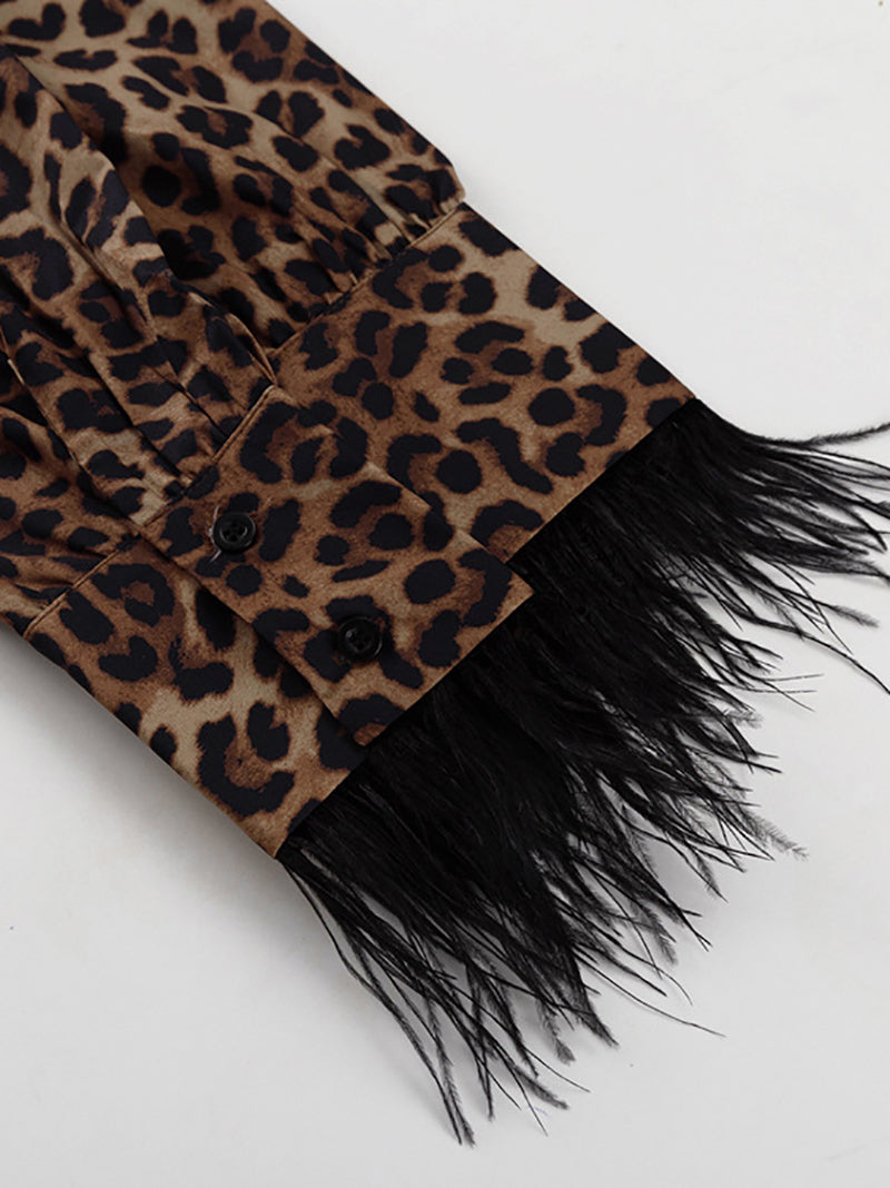 Leopard Print Patchwork Feather Long Sleeve 2 Piece Set
