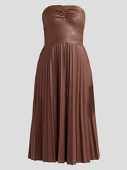 Strapless Pleated Faux Leather Midi Dress