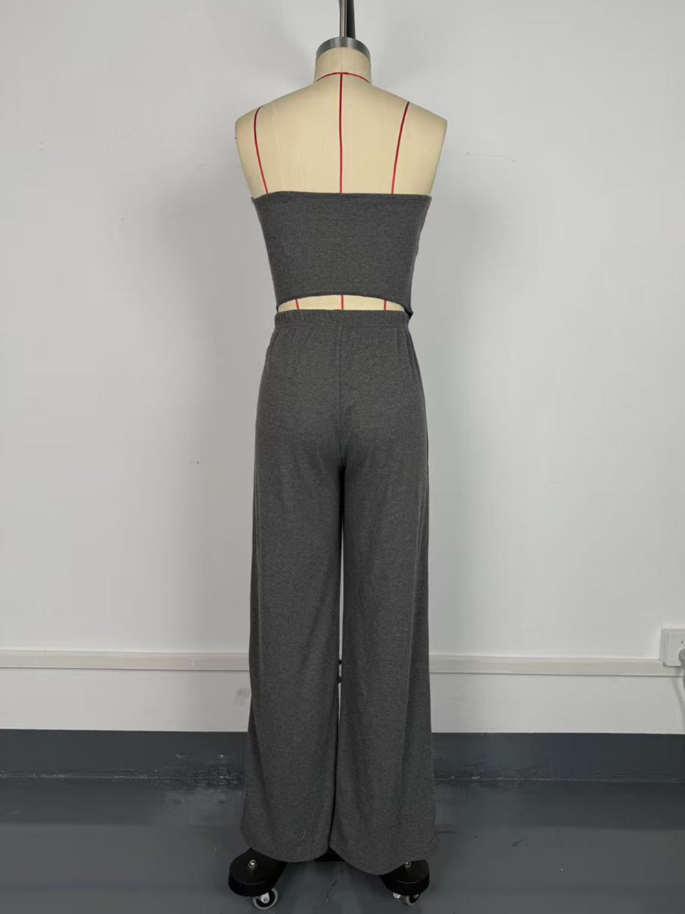 Ribbed Knit Asymmetric Strapless Top And Pants Set