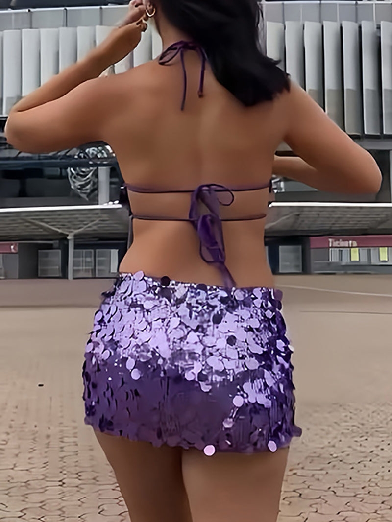 Sexy Halter Backless Sequin Skirts Set