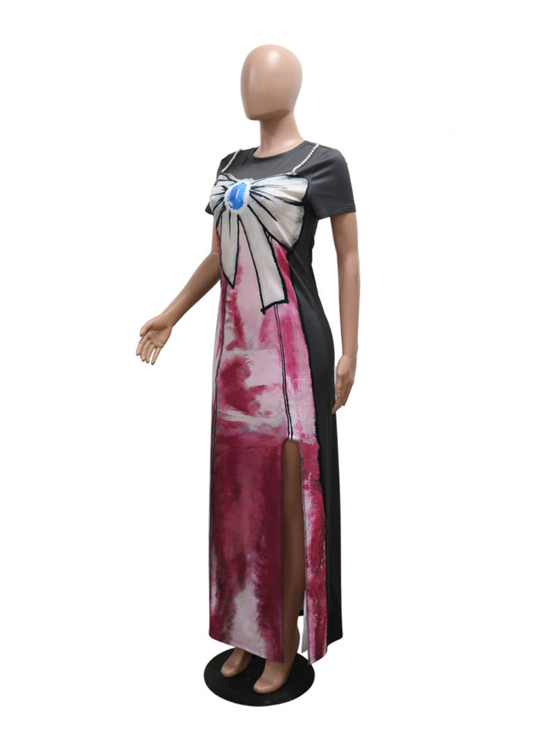 Casual Printed Pearl Necklace Long Dress