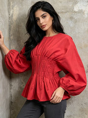 Ruched Waist Balloon Sleeve Blouse-boutique