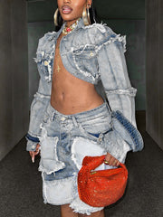 Casual Denim Cropped Jacket and Shorts Set