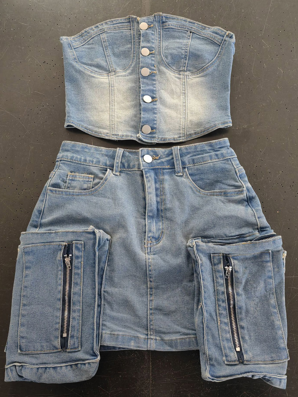 Strapless Sleeveless Denim Top And Skirts Two Piece Sets