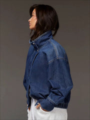 Stand Collar Denim Moto Jacket