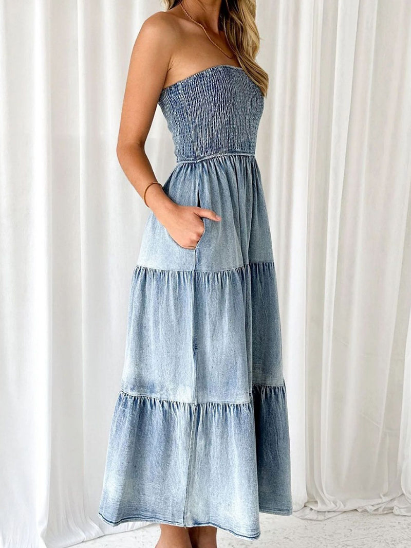 Fashion Strapless Tiered Slit Denim Dress