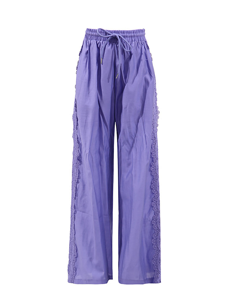 Patchwork Lace Embroider T-shirt Wide Leg Pant Sets