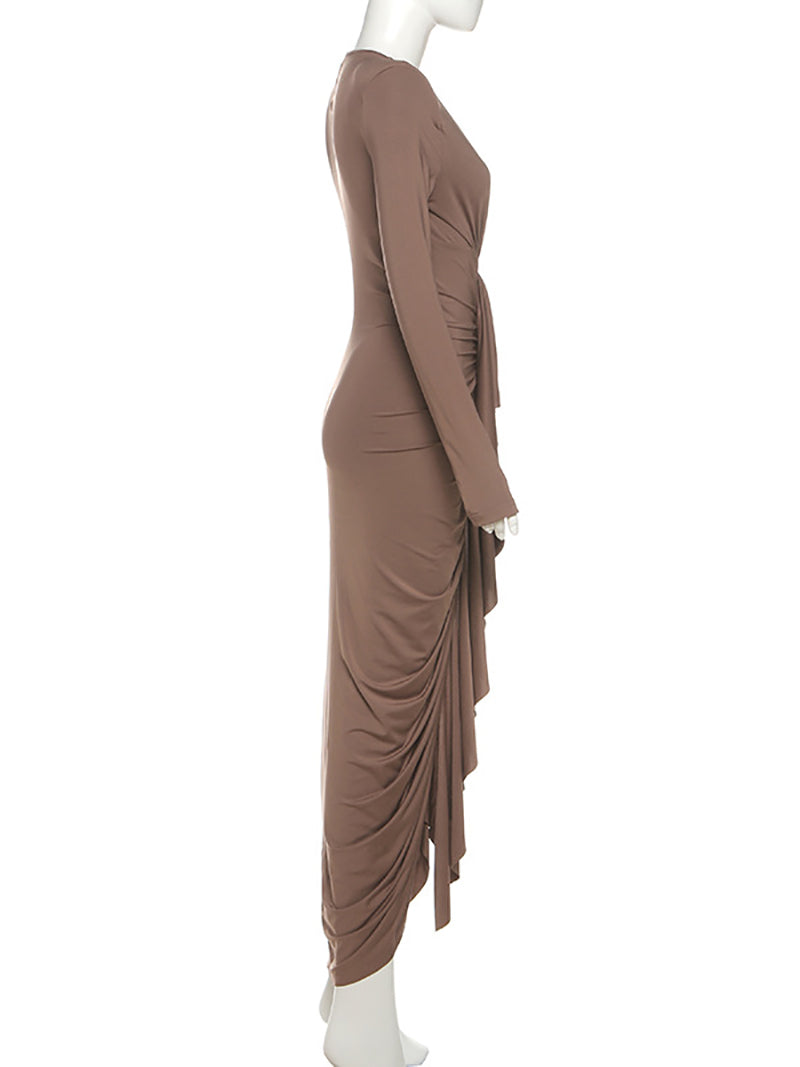 Sexy Deep V Neck Bodycon Ruffle Pleated Maxi Dress