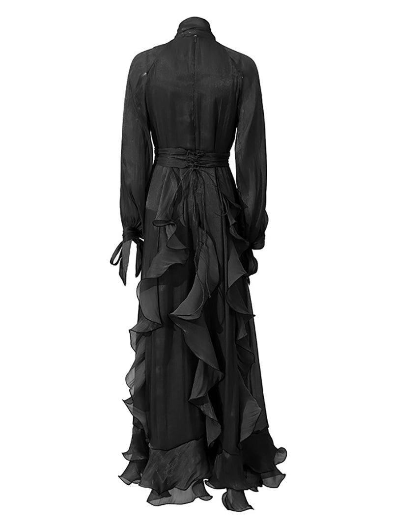 Elegant Lantern Sleeve Ruffle Cinched Waist Maxi Dress