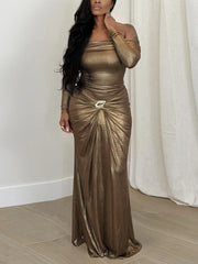 Fashion Off Shoulder Long Sleeve Ruched Maxi Dress