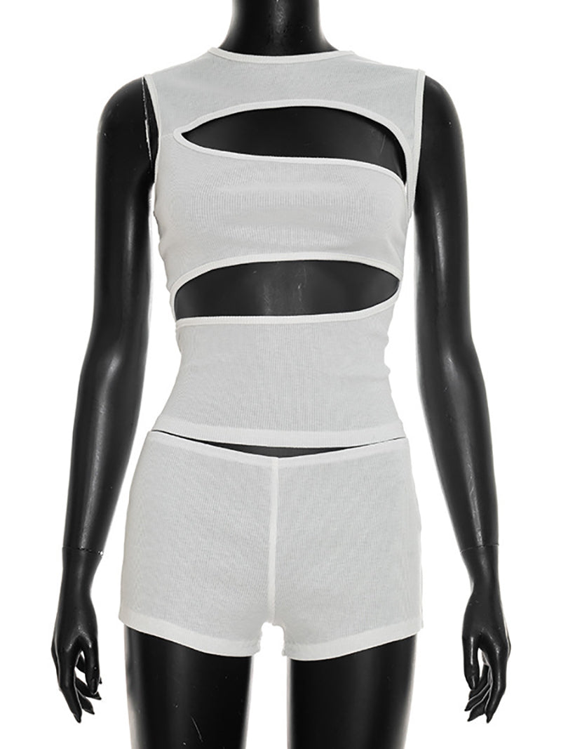 Sexy Sleeveless Ribbed Cutout Top And Shorts Sets