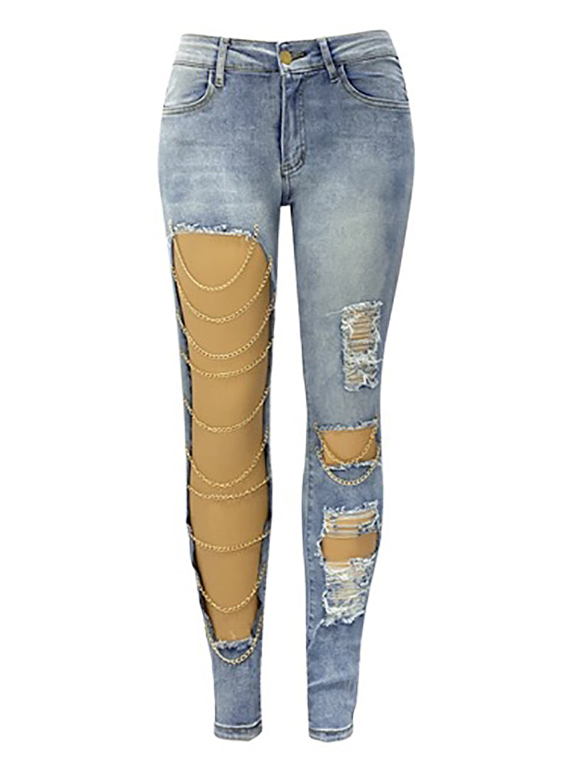 Fashion Chain Ornament Ripped Jeans