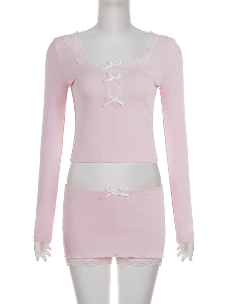 Sexy Lace-Trim Bow Slim Crop Top And Mini Skirt Set