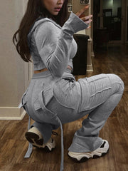 Casual Hooded Crop Top Joggers Pants Set