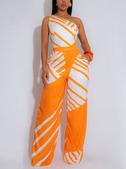 Colorblock Print One Shoulder Casual Jumpsuit