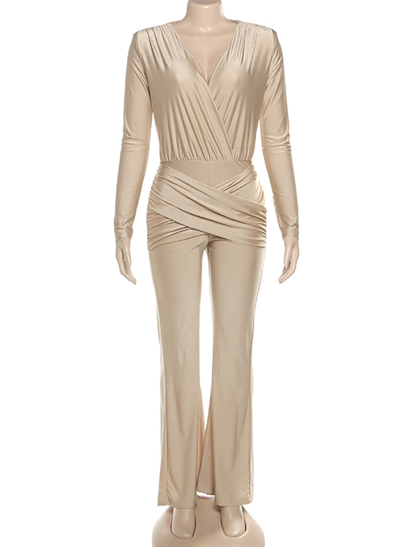 Sexy Deep V Long Sleeve Slim Wide Leg Jumpsuit