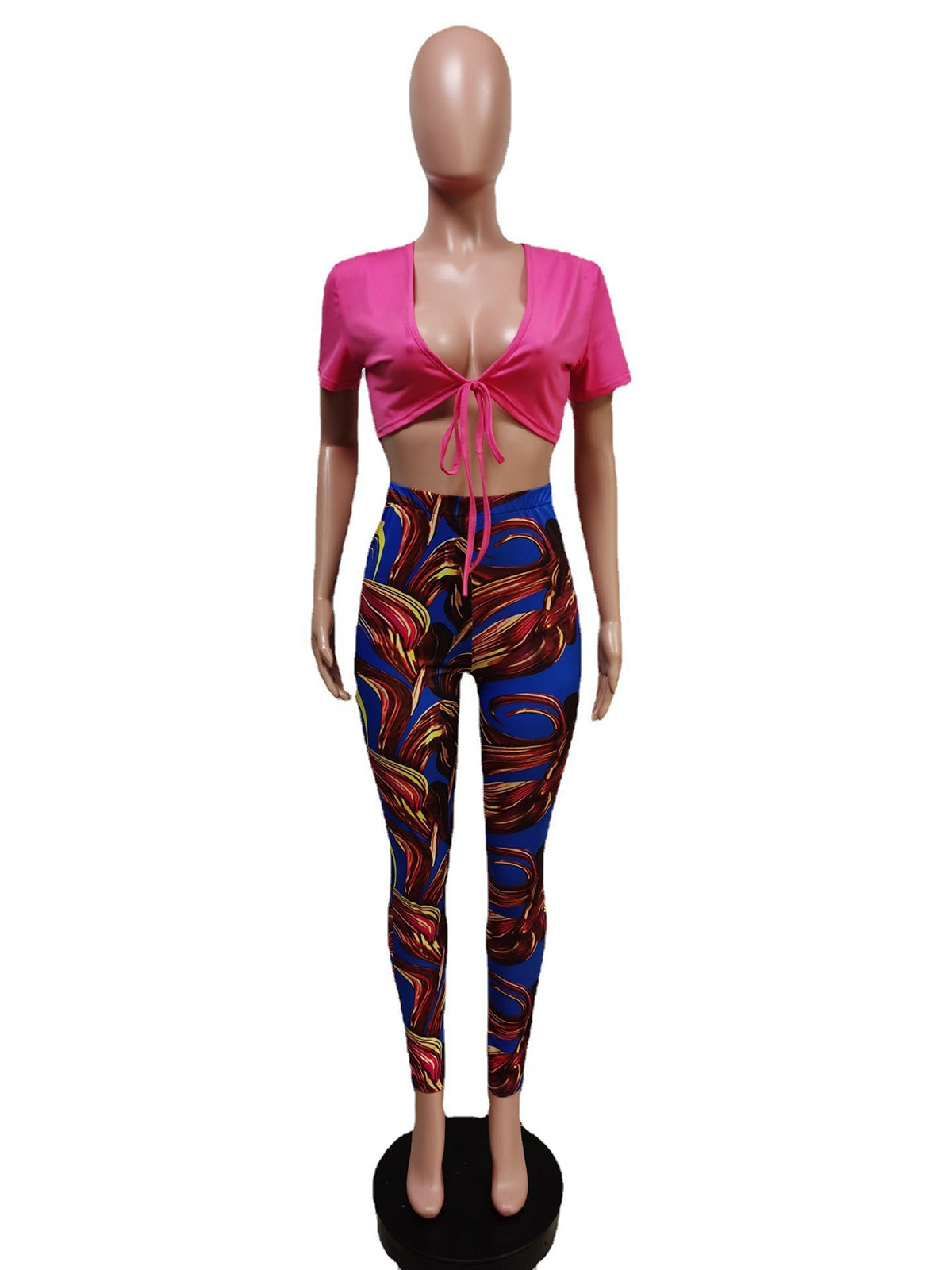 Sexy Bandage Short Sleeve Crop Top Print Pants Set