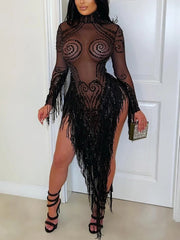 Sexy Mesh Sheer Rhinestone Tassel Bodycon Dress