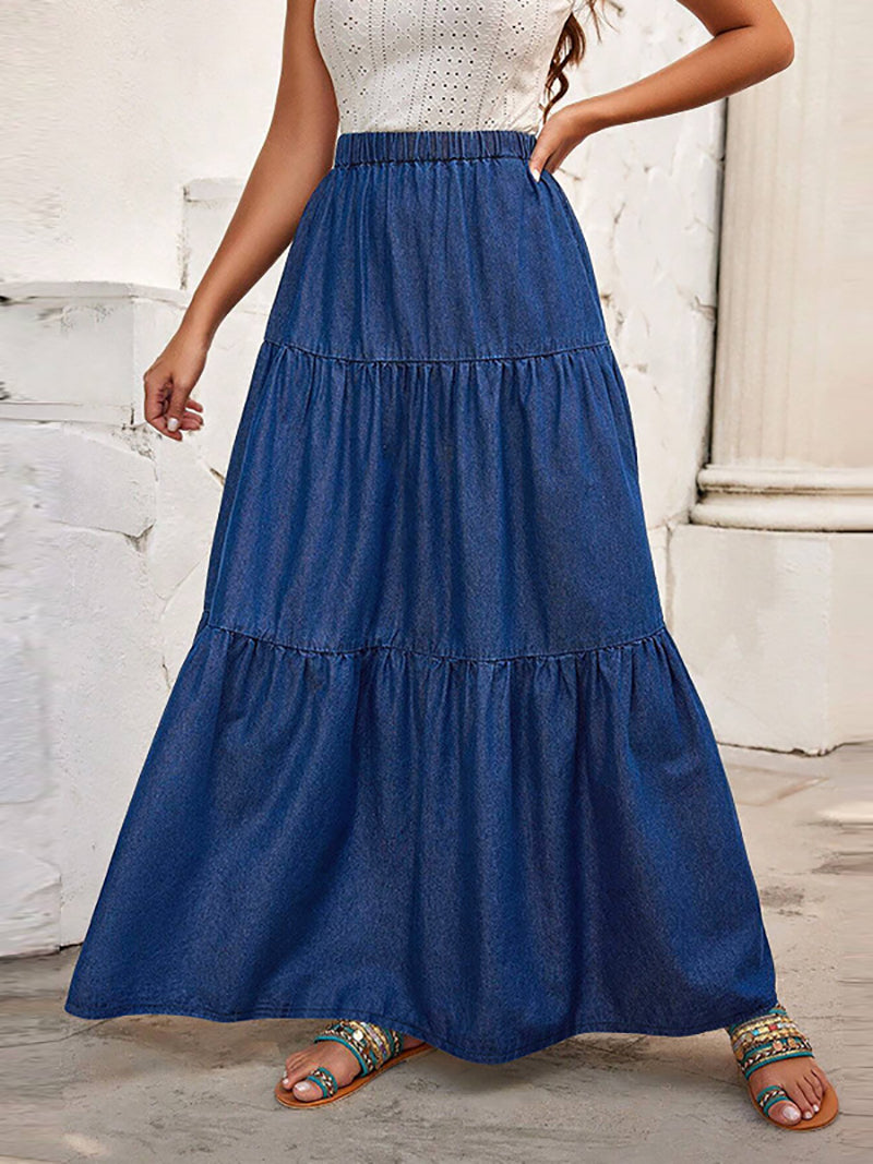 High Waist Ruffle Hem Maxi Denim Skirt