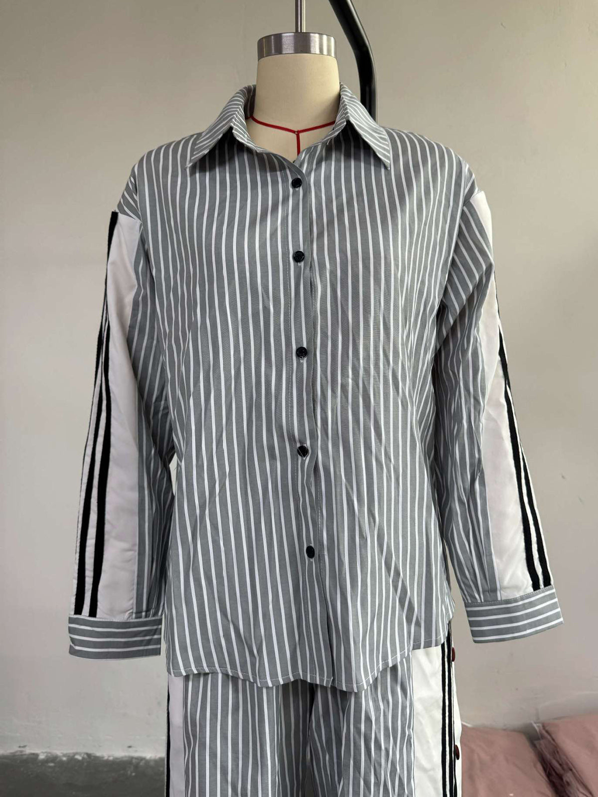 Fashion Lapel Stripe Shirt Wide Leg Pants Two Piece Set