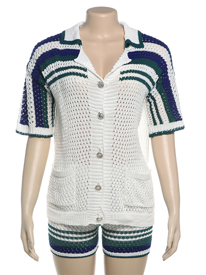 Striped Pattern Button Front Cardigan and Knit Shorts