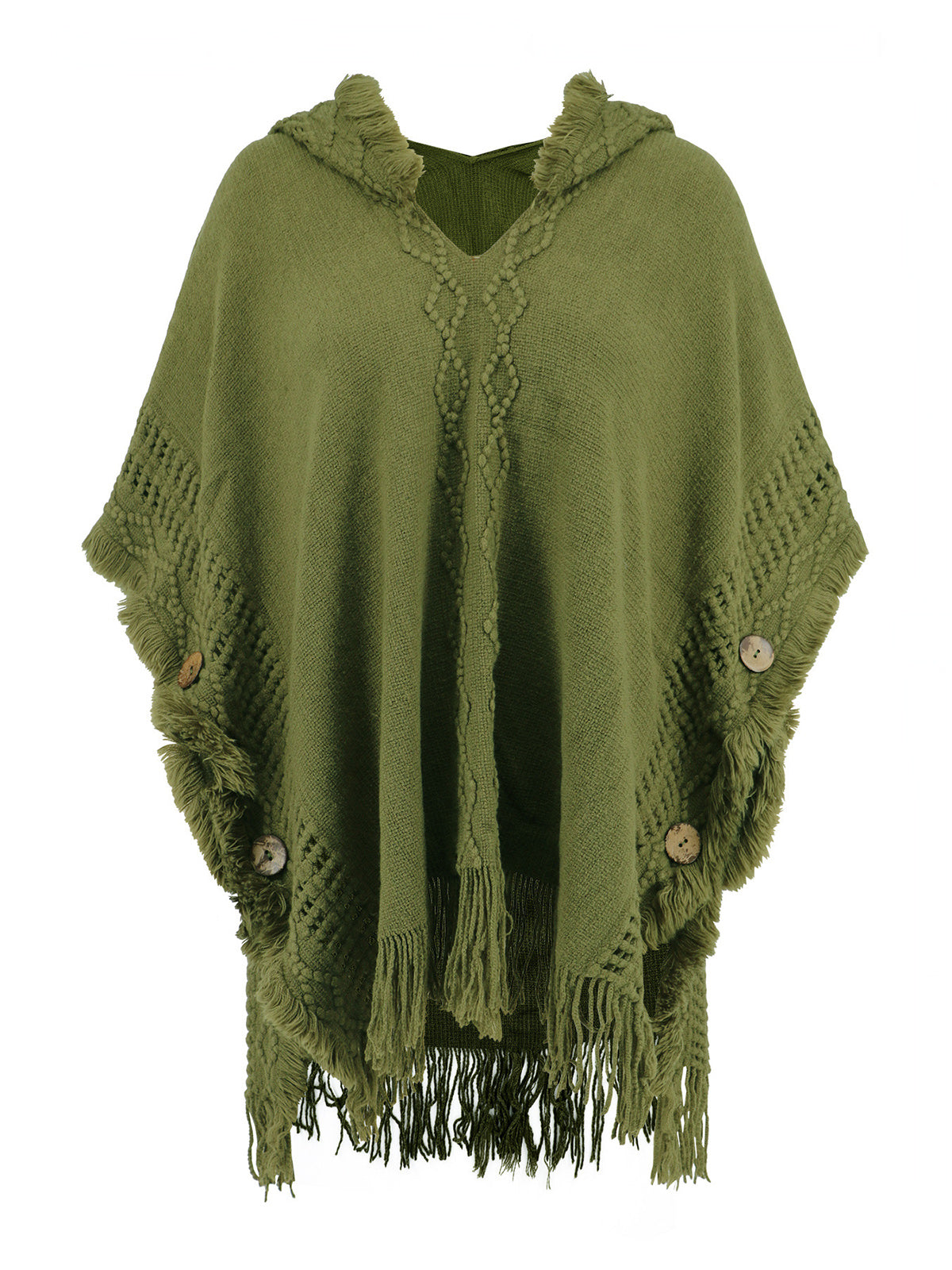 Fringe Trim Buttoned Hooded Poncho