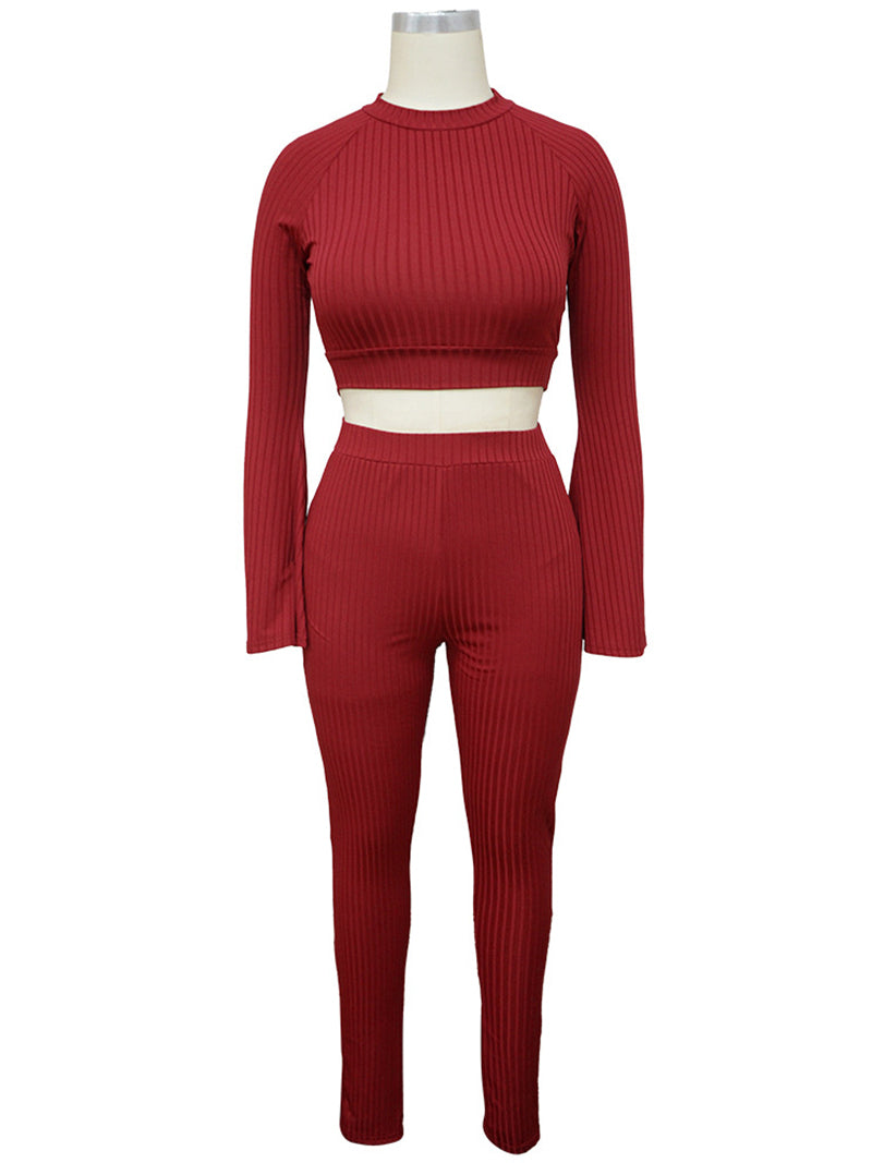 Long Sleeve Crop Top Skinny Pant Ribbed Two piece Set