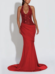Sexy Halter Backless Patchwork Ruched Sequin Maxi Dress